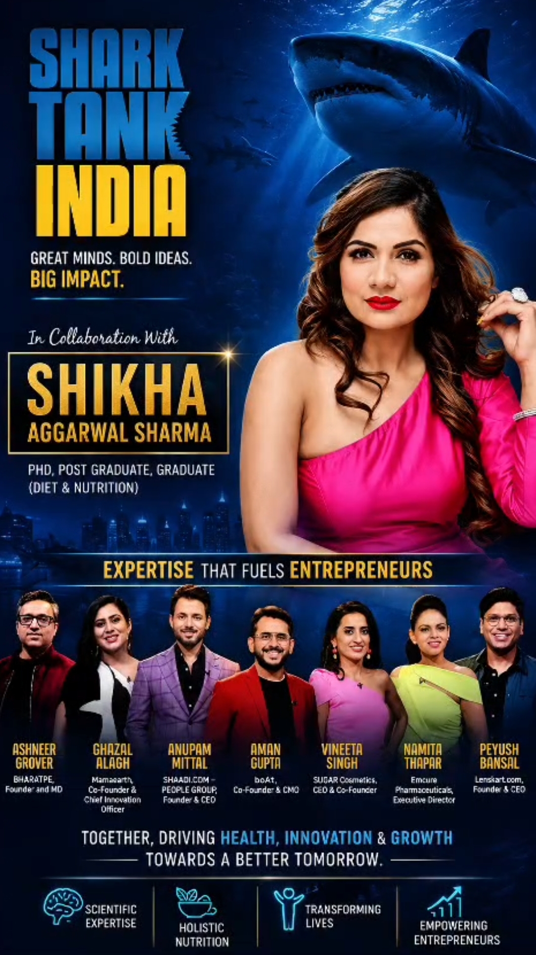 Shark Tank India poster featuring Shikha Aggarwal Sharma